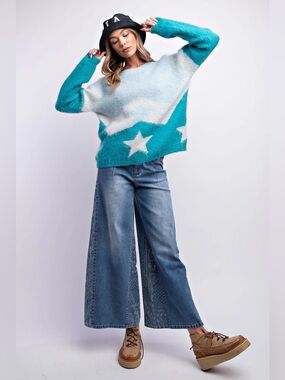 Easel Star Pattern Fuzzy Sweater Teal Wool Blend Women M